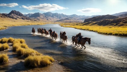 Horses with tourists crossing a river - obrazy, fototapety, plakaty