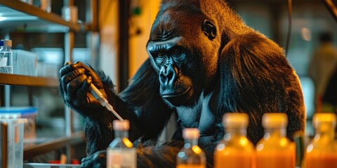 Fototapeta na wymiar Controlled environment of laboratory, a powerful gorilla serves as the subject of a scientific experiment, face and capturing attention of researchers
