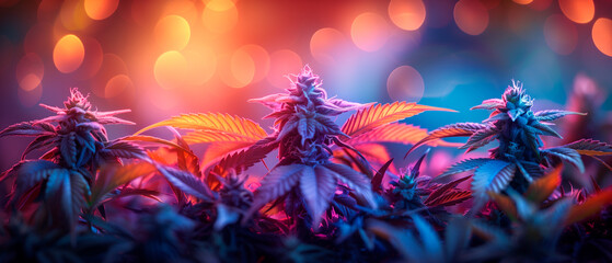 Neon vibrant colorful cannabis buds and plants, purple and pink colors - obrazy, fototapety, plakaty