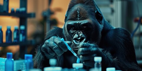 Controlled environment of laboratory, a powerful gorilla serves as the subject of a scientific experiment, face and capturing attention of researchers