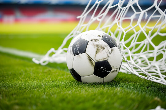 A soccer ball close-up on the background of the goal net on the green grass of the sports stadium. Without people. Copy space.