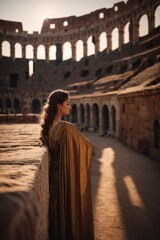 Naklejka premium Woman in Dress Standing in Front of Building, Elegant Fashion. Generative AI.