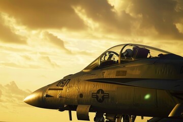 Fototapeta na wymiar A fighter plane soaring through a fiery sunset