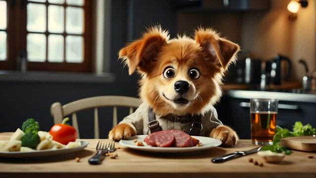 funny cartoon dog at the table with food