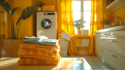 Obraz na płótnie Canvas Stack of Folded Towels in a Yellow Laundry Room