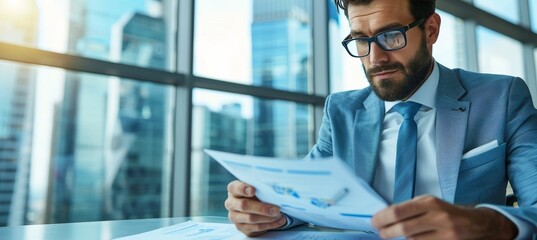 Fototapeta premium Disabled businessman in suit smiling and working in modern office with copy space for text.