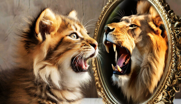 Face to face between a kitten and a lion roaring. Close-up of a cute kitten looking in the mirror, in the mirror the head of a roaring lion. Generative Ai.