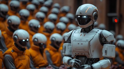 Fototapeta premium A Group of Orange and White Robots in a Cinematic Style Imaginative Prison Scene