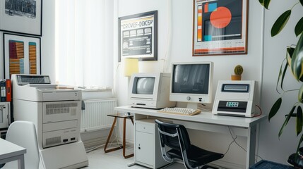 Vintage computing posters in a clean white minimalist room celebrating tech history - obrazy, fototapety, plakaty