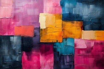 Abstract Painting with Colorful Squares and Shapes on Canvas