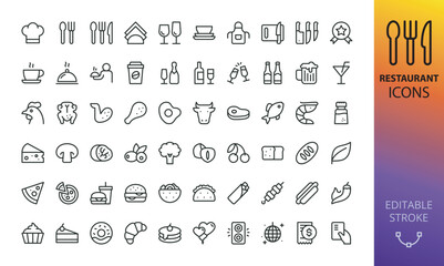 Restaurant isolated icons set. Set of restaurant food, chef hat, alcohol, seafood, lunch, continental breakfast in hotel, cafe dessert, coffee, steak, waiter vector icons with editable stroke