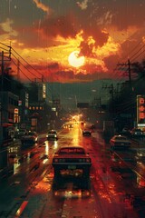 City Street at Sunset with Cars Driving in the Rain - obrazy, fototapety, plakaty