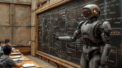 Fototapeta premium Dieselpunk Robot Teaching Students in a Classroom