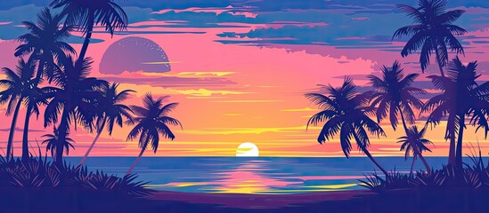 A vibrant painting capturing the beauty of a sunset casting a warm glow over a tropical beach. Palm trees stand tall in silhouette against the colorful sky, creating a serene and tranquil scene.