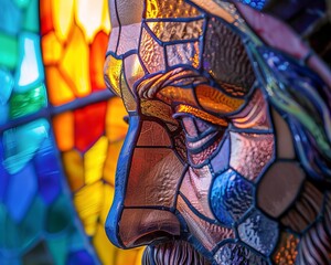 The vibrant colors of stained glass windows illuminating the face of a statue adding depth and emotion