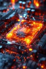 Orange Flames engulf Computer Chip in Realistic Anamorphic Art
