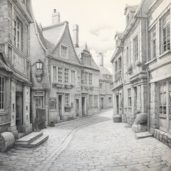 Vivid HB Pencil Sketch Illustrating Old Town Street with Traditional Architecture