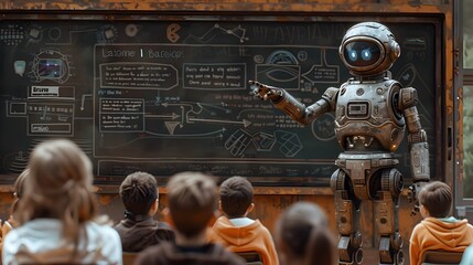 Fototapeta premium Robot Instructor in a Grey Academia Classroom