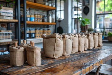 Rows of burlap sacks with wooden scoops are neatly arranged on a rustic wooden table, giving a natural and organic feel to the store interior