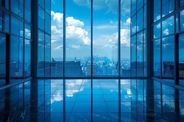 A stunning view from inside a modern glass building, overlooking a cityscape with skyscrapers under a clear blue sky