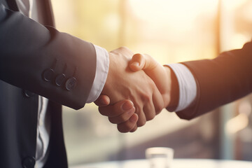 Business partnership meeting. Picture businessmans handshake. Successful businessmen handshaking after good deal. Horizontal, in office blurred background