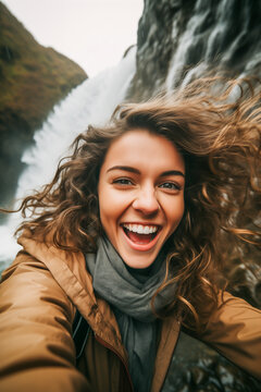 Young woman taking selfie in front of a waterfall. Closeup of cheerful traveler woman.
