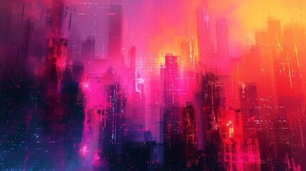 An abstract depiction of a cityscape disrupted by vibrant glitch art distortions, creating a chaotic yet captivating visual experience.