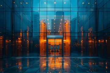 Contemporary architecture of a modern building passageway with glass walls and warm, glowing lights creating contrast - obrazy, fototapety, plakaty