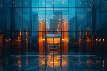 Foto op Plexiglas Contemporary architecture of a modern building passageway with glass walls and warm, glowing lights creating contrast © svastix