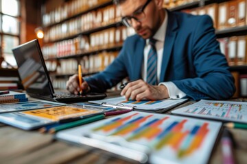 Man in suit engaged in business activities with laptop and colorful data printouts on wooden desk