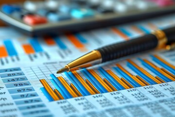 Detailed shot of a pen resting on colorful financial graphs and charts, symbolizing data analysis and business planning