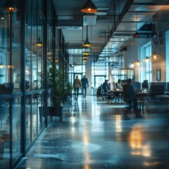 Fototapeta premium Contemporary office interior with a warm, welcoming ambient lighting, showcasing a comfortable and productive workspace.