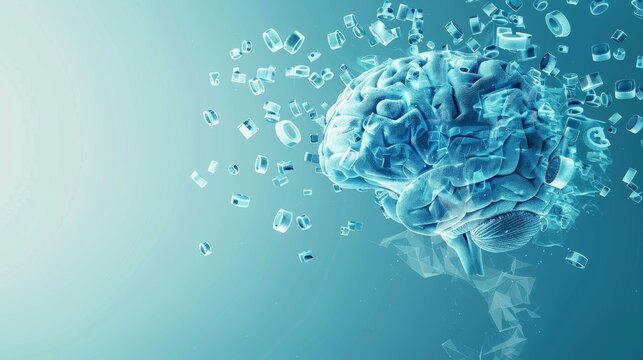 Multiple increasing numbers over spinning human brain against blue background