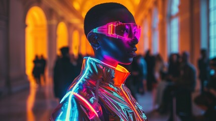 Fototapeta na wymiar mesmerizing display of futuristic fashion, a neon-lit portrait emerges, casting a spellbinding glow upon the model's face. With ultraviolet hues and fluorescent accents