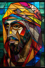 Stained glass illustration of Jesus Christ. Generative AI. 