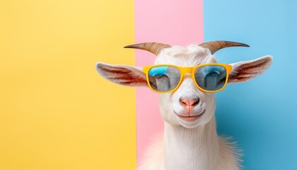 Cheerful goat wearing stylish sunglasses on pastel color background with copy space