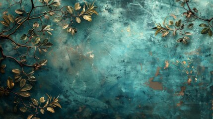 Stunning visual composition featuring botanical branches against a vibrant, textured blue backdrop with golden accents.