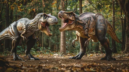 Foto op Plexiglas two tyranosaurs fighting in a jurassic forest  © urdialex