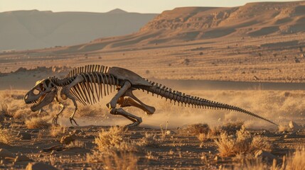 a dinosaur squeleton in the dusty desert