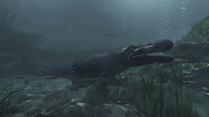 mosasaurus swimming underwater in the prehistoric sea