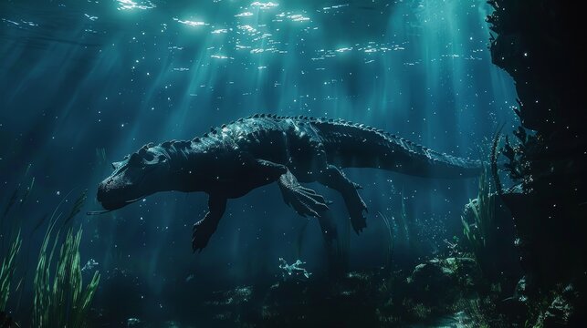 mosasaurus swimming underwater in the prehistoric sea