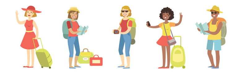 People Character Travel with Suitcases and Bags Vector Set