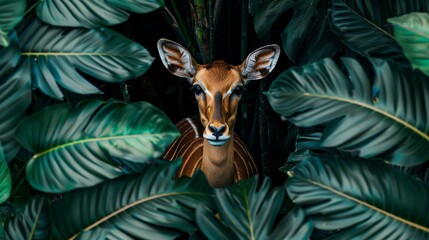 Impala in lush jungle, natural habitat, african wildlife, exotic greenery, wildlife exploration. - obrazy, fototapety, plakaty