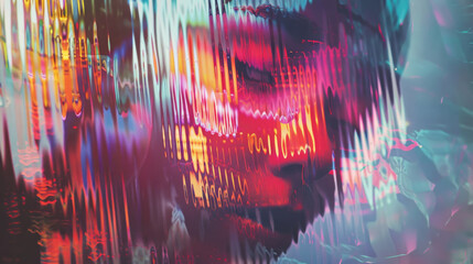 Abstract colorful portrait with digital distortion - A captivating digital art piece that displays a vivid portrait being distorted through colorful digital waves