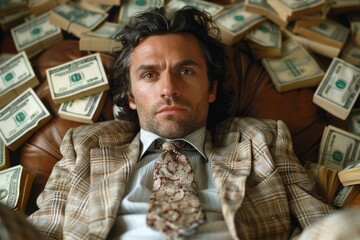 A well-dressed man lying on top of a pile of dollar bills, looking pensively