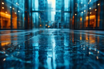 Blue tones dominate this image showcasing a sleek, reflective floor inside a contemporary glass building - obrazy, fototapety, plakaty