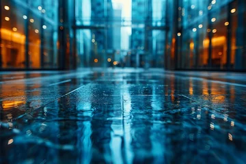 Fotobehang Blue tones dominate this image showcasing a sleek, reflective floor inside a contemporary glass building © svastix