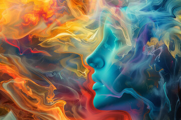 Abstract depiction of human profile with colors - A vivid abstract representation of a human profile that merges multiple streaming colors into a fluid composition