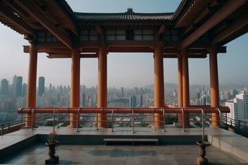 View of the capital city Looking through the ancient Chinese-style door. create with ai
