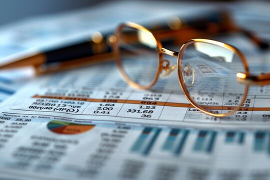 Close-up of financial newspaper with glasses, signaling detailed analysis in finance and economic trends